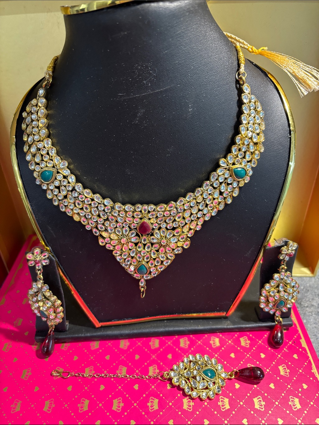 Gold-Tone Kundan Necklace Set With Green And Maroon Stones - Women Jewelry